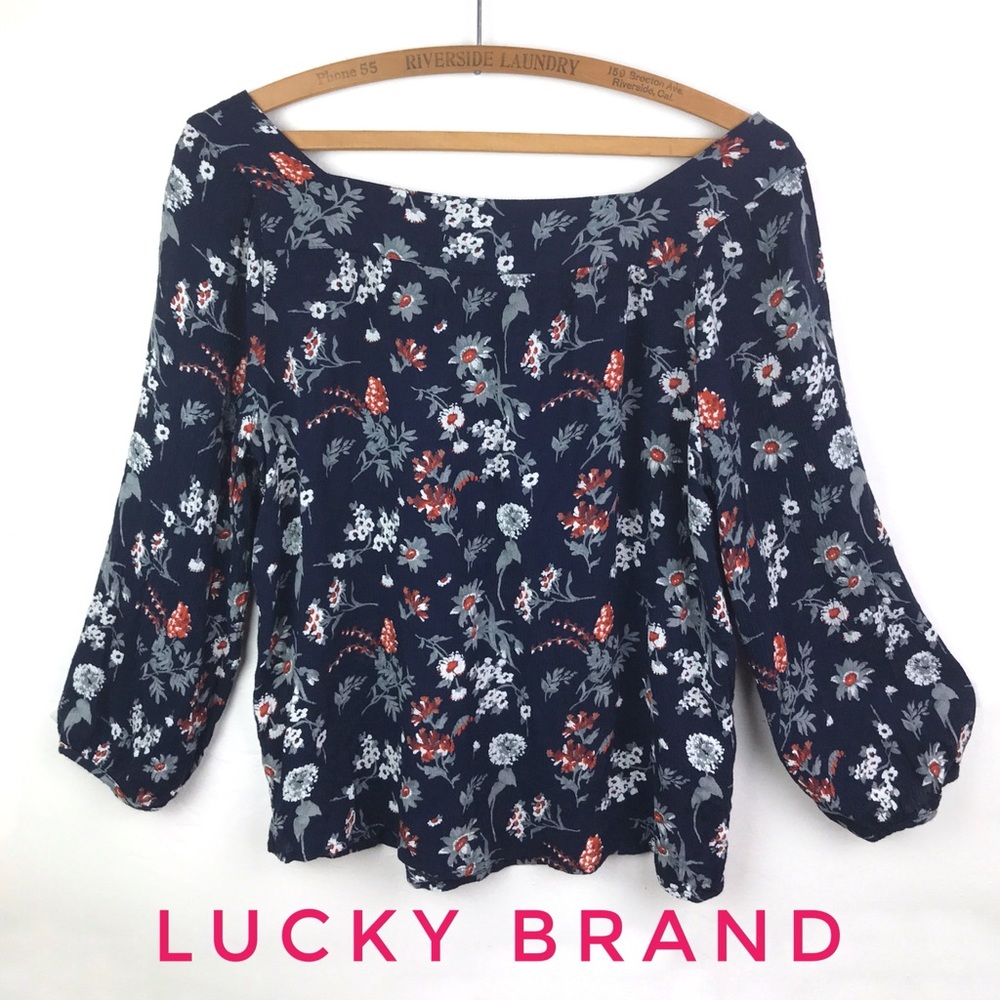 LUCKY BRAND Blue Floral Gauzy Square Neck Top - S
